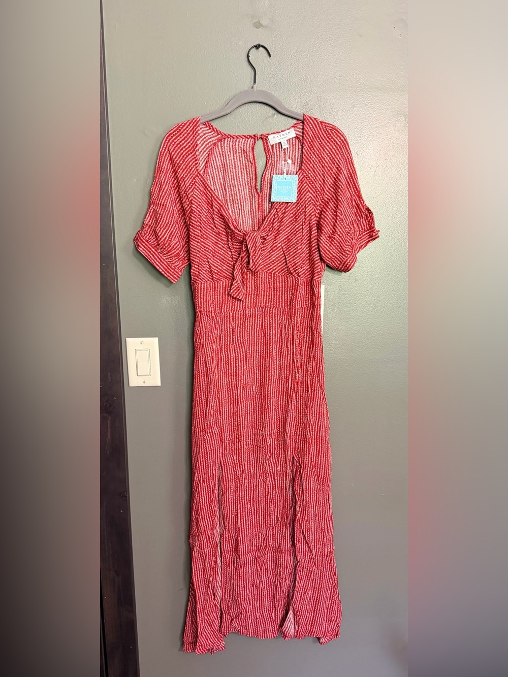 NWT Hayden Los Angeles Red White Striped Tie Front Midi Dress M